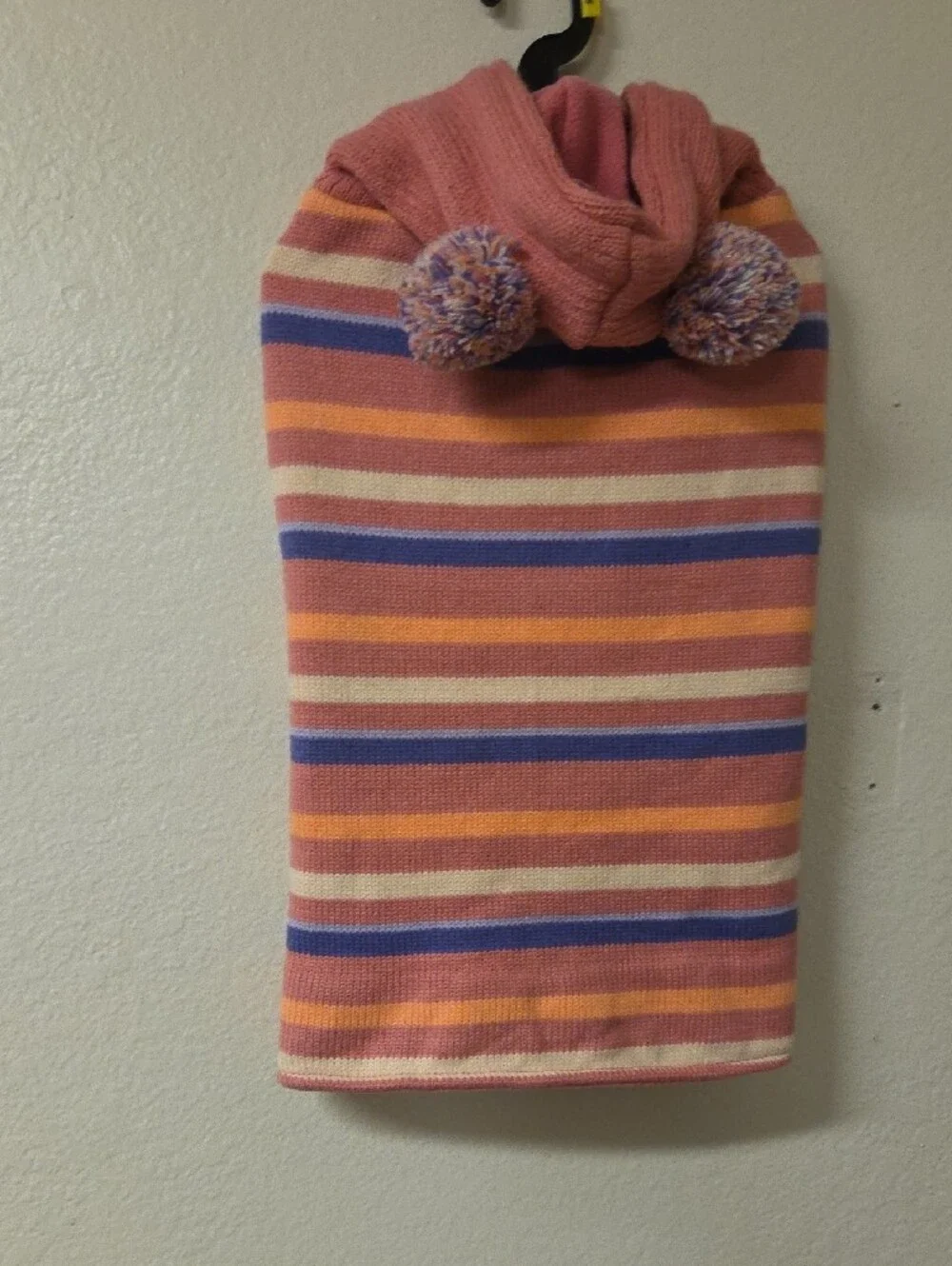 Striped Knit Pom-Pom Hooded Neck Warmer in Rose, Peach & Blue